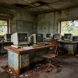 old rusty sci - fi computer lab abandonned - vintage colors