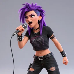 high detail unreal engine render of a punk woman in a cropped t - shirt and studded arm bands and a studded belt and ripped black jeans with purple emo hair screaming into a microphone in pixar style 4 k