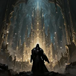 raven in elvish armour, massive underground city, sparkling lights, rule of thirds, intricate, highly detailed, artstation, concept art, matte painting, silhouette, jesper ejsing, hearthstone, fantasy