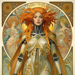 detailed realistic beautiful young cher alien robot as queen of mars portrait by jean delville, gustave dore and marco mazzoni, art nouveau, symbolist, visionary, fractal baroque. horizontal symmetry by zdzisław beksinski, iris van herpen, raymond swanland and alphonse mucha. highly detailed, hyper - real, beautiful