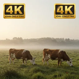 Cows grazing in a grassy landscape at sunrise by John Constable, foggy, 4k, trending on artstation