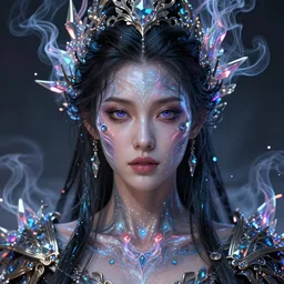 detailed portrait of beautiful fantasy warrior princess made of iridescent smoke, dark fantasy, sharp focus, vibrant, vivid, magical wet skin, symmetry, highly detailed, 4 k digital painting, detailed skin, crystal, magical, raytracing, plasma, artistic, concept art by artgerm, greg rutkowski, alphonse mucha, unreal engine render,