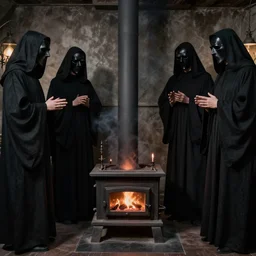cultists in black robes surround a stove, realistic, gothic, black masks, magical, realistic