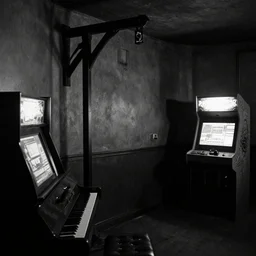 black noir movie scene with piano, gallows and an arcade machine