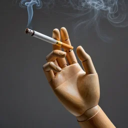 Mannequin hand holding a smoking cigarette, perfect, award winning photo, sharp focus, hdr, caustic lights, volumetric lighting, atmospheric lighting