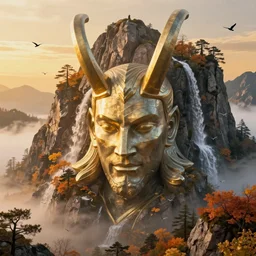 a stunning ultra detailed fantasy closeup photo of loki's head carved into a mountain, surrounded by fall trees, waterfalls and birds, golden hour hues, fog, by tomasz alen kopera and tom bagshaw, very detailed, deep depth of field, 5 0 mm lens, artstation, highly coherent, 8 k