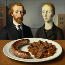 sausage and goulash, by magritte and de chirico, surreal oil painting, hyper detailed, masterpiece 4 k