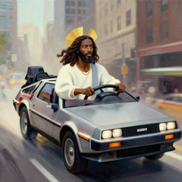 african jesus jesus driving a flying delorean in the city, art style by ernie barnes,
