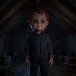 dark attic with the man with a doll head, dark ,night, 3D Render