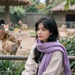 [ woman with black hair and a lilac scarf ] sitting in an [ overgrown zoo with animals in the background ] trending on artstation 4 k photorealistic photography intricate detailed shot by jimmy nelson focal blur