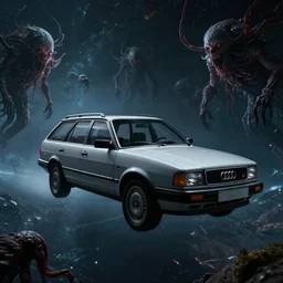 Audi 80 B3 Avant (1988) floating in the void, a horror sci-fi, dramatic lighting, cinematic, off-world, space, zero gravity, eldritch horror creatures floating through space, establishing shot, extremely high detail, photorealistic, cinematic lighting, artstation, by simon stalenhag