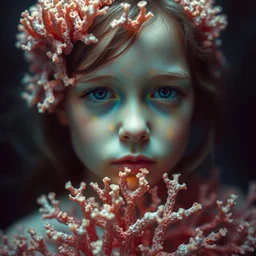 realistic photo of a blurred face of a girl, covered in shriveling dead semi - translucent iridescent coral reef, emitting aura, 1 9 6 0, life magazine photo, natural colors, metropolitan museum, kodak, 8 k, very detailed, high resolution, product photo,