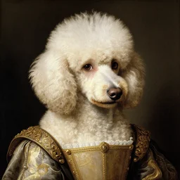 portrait of a white poodle as an italian queen, painting by botticelli, 1 4 0 0