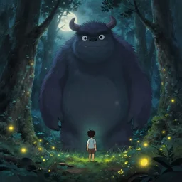 a small boy discovers a giant hairy monster!!!!!!!! in a misty moonlit forest, surrounded by fireflies, painting by studio ghibli, cgsociety, cinematic lighting