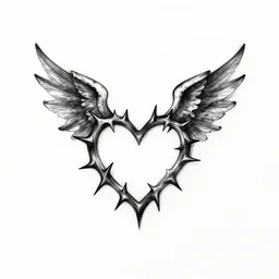 tattoo design, Winged-thorny-heart fractal, simple design on white background, clean black pen drawing