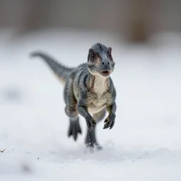 macro photo by national geographic of a tiny gray dinosaur running extremely fast on snow toward the camera, fast shutter speed, motion blur, tiny gaussian blur, insanely detailed, insanely intricate, depth of field, low contrast, wide aperture, action photography