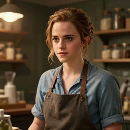a highly detailed epic cinematic concept art cg digital artwork : emma watson as shop baker, perfect face, by greg rutkowski, wlop, stanley artgerm lau, ruan jia trending on artstation, made in maya, photoshop, octane render, excellent composition, dramatic cinematic lighting, precise correct anatomy, aesthetic, very inspirational