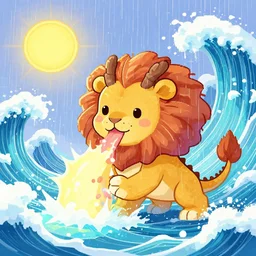 an adorable littlest pet shop dragon lion rough beast gobbles the sun. close - up character portrait. jagged digital pixelated glitchy crashing torrential ocean downpour glitchcore ruinous cresting tsunami flood oppressive fluorescent soft pleasing - playground roaring waves, fractal, dense loops, environment matte painting pastel from fantasia ( 1 9 4 1 )