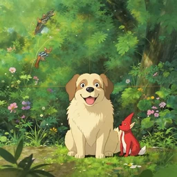 a happy dog with a red elf, high intricate details, rule of thirds, golden ratio, cinematic light, anime style, over the garden wall by patrick mchale, studio ghibli, makoto shinkai