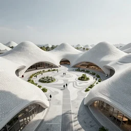 Wide angle overview of parametric open space, parametric buildings, texture, render, detailed, 4k