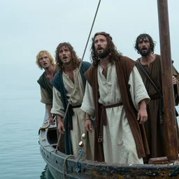Cinematic still of Stunned Men in 1st century clothing standing on a boat, looking in shock at the calm water, miraculous, spiritual, divine, Biblical epic directed by Ang Lee
