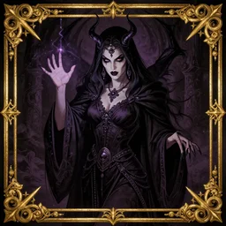 portrait of an evil dark gypsy of the endtimes, super powerful dark magic, casting a spell, ornate golden border, beautiful! coherent! dungeons and dragons character, by brian froud, strong line, night color, high contrast