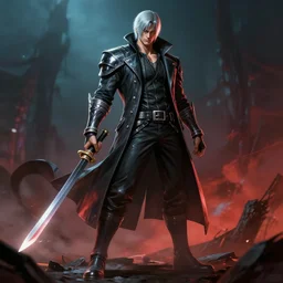hyper detailed full body character concept digital painting master piece of dante from devil may cry by lee bermejo, realistic, specular highlights, unreal engine 6 octane rendering ray tracing, atmospheric perspective, scary atmospheric lighting, vivid color scheme