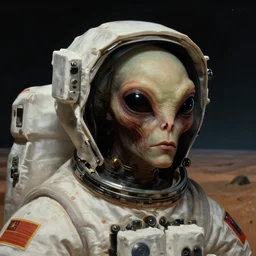 surreal closeup portrait of alien astronaut in wastelands on exoplanet, lucid dream - like heavy atmosphere, baroque painting, harsh flash photo, perfect composition, detailed octane render trending on artstation, 8 k artistic photography, volumetric cinematic perfect light, chiaroscuro, masterpiece, raphael, caravaggio, beksinski, rutkowski, beeple