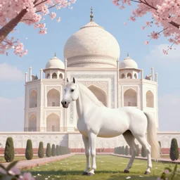 white horse in the Taj Mahal, sakura flowers, fairytale atmosphere, artstation, 4k