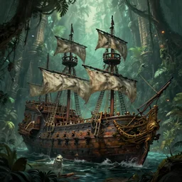 the old wreckage of a legendary pirate ship, a magical treasure guarded by a mythical creature in an ancient lost temple, dense tropical jungle, digital painting, trending on artstation, concept art, matte painting, highly detailed, art by greg rutkowksi, craig mullins, octane render, 8 k, unreal engine
