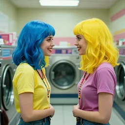 a 1 9 8 2 colourful, cinematic romantic movie scene by john waters of woman with blue hair and her twin with yellow hair, in a laundromat
