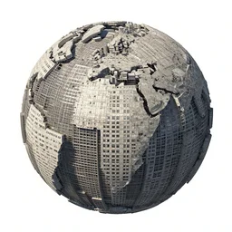 A massive megastructure ball made of brutalist buildings, orthographic, extreme scale