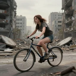 girl riding bicycle in a post apocalyptic city