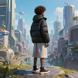 young 🧔🏿 wearing a thin lightgray do rag and a kooples black winter puffer jacket and balenciaga hightop sneakers, facing the desperate and endless call of the metaverse, afro futuristic urban cityscape, clear beautiful weather, unreal 5 engine render, vivid colors, high detail, studio ghibli, digital art, octane render, beautiful composition, trending on artstation, award - winning photograph, masterpiece
