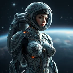 elegant ornate beautiful voluptuous cyborg in full body skin space suit, helmet, concept art, joshua rife, photoshoot, intricate, highlydetailed, space background, artstation 4 k raytracing, shadows, highlights, illumination