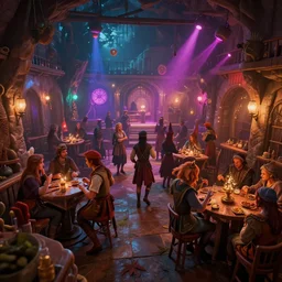 medieval night club after party, colorful, contrast, depth of field, 3 d scene, render, greg rutkowski, zabrocki, karlkka, jayison devadas, trending on artstation, 8 k, ultra wide angle, zenith view, pincushion lens effect