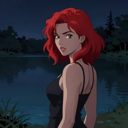 a beautiful comic artwork by Jerome Opeña of a woman with red hair near a lake at night, featured on artstation