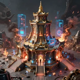 a 3 point perspective render of an alien cyberpunk buddhist temple, futuristic glowing interface! bioluminescent accents!, post apocalyptic, concept art, riot, cinematic by zdislaw beksinski and fvckrender and visualdon trending on cgsociety unreal engine 5