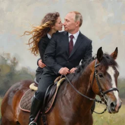 3 0 year old lady with long brown and blonde hair riding on a horse with putin in love, paint detailed digital artstation, portrait hd 4 k, by greg rutkowski and gaston bussiere and craig mullins and j. c. leyendecker, hd