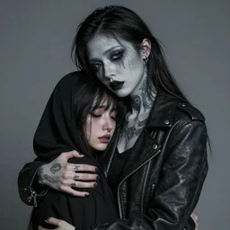 Hot young woman, grey skin, void eyeballs, tattoos, wearing a leather jacket, hugging a shrouded person as they cry on her chest