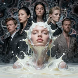 melting woman emerging from milk and ferrofluid, shintaro kago, studio light, fashion photography portrait, head neck shoulders, victo ngai, kilian eng, alex grey, moebius, digital art, masterpiece, fractal pattern background, fantastically beautiful, beksinski, dan mumford, simon stalenhag, artstation, 8 k