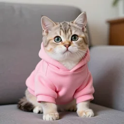 a Little cat wearing a pink hoodie sitting on a couch, photo realistic, trending on artstation, HDR, nicely detailed, 8k