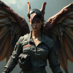 epic professional digital art of female human - pterodactyl hybrid animal wearing air force jumpsuit, pterodactyl bat like wings, painting, by lisa roet, reyna rochin, iris van herpen, leesha hannigan, artstation, cgsocietywlop, epic, much wow, much detail, gorgeous, detailed, cinematic, masterpiece