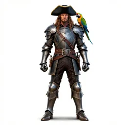 armored pirate captain with parrot, cinematic studio photo, full body, standing, isolated on a pure white background, centered, whole figure in frame, sharp focus, studio lighting
