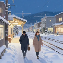 walking around snow covered ozu city and shimonad station, ehime, japan. volumetric lighting, clear winter night, realistic illustration, perfectly shaded, soft painting, art by krenz cushart and wenjun lin