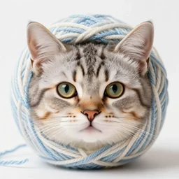 photo of a ball of yarn with the face of a kitten