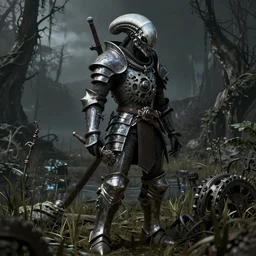gears of war alien in medieval plate armor, the feeling of magical grimdark magic power and dispair, on a dark swampy bsttlefield, high quality, detailed, 8k, unreal engine, octane render, trending on artstation