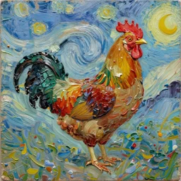 oil paint impasto relief, magic cockerel, multi layered thick brush marks, some splattered paint, in the style of ivan shishkin and frank auerbach and van gogh