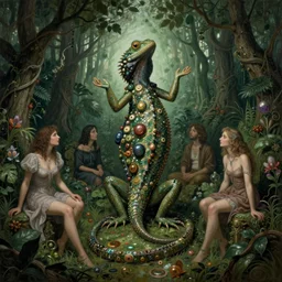 lizard burlesque in the garden of paradise, by dave dorman hieronymus bosch, cyril rolando, esher and natalie shau, whimsical, profound, impossible, dark, atmospheric, brooding, digital painting, intricate.