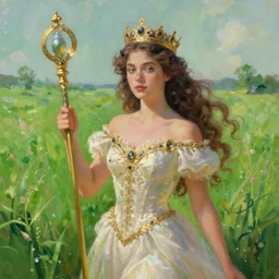 the beautiful crowned embodiment of feminine strength holding her staff of power rests in a lush green field, 8 k resolution digital painting, vibrant colors, by alena aenami, by michael whelan, behance hd, trending on artstation deviantart